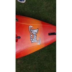 Perception method air kayak. Werner side kick paddle. Yak spray deck does have a slight split.