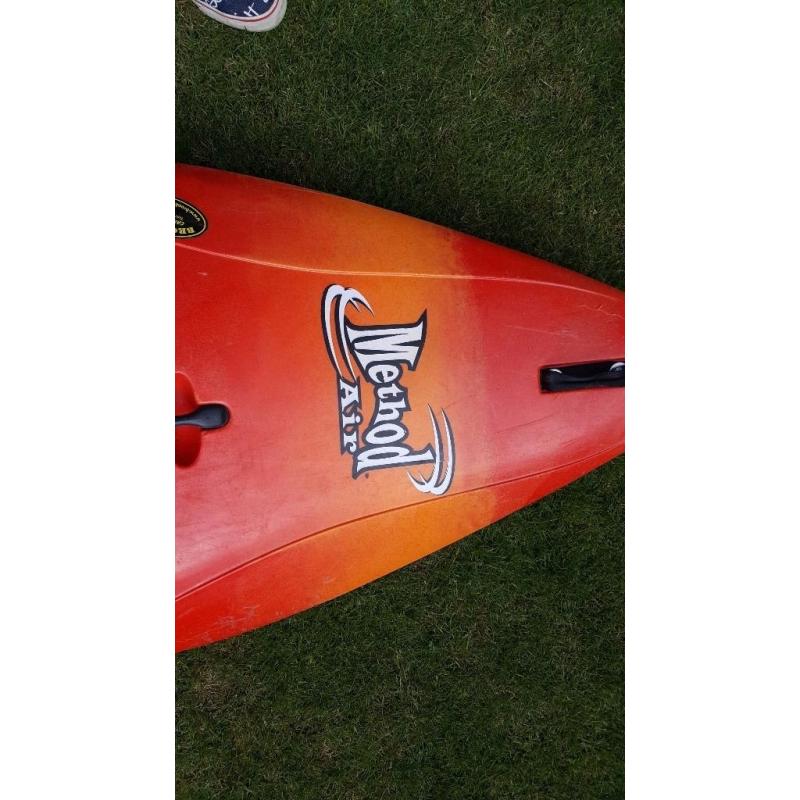 Perception method air kayak. Werner side kick paddle. Yak spray deck does have a slight split.
