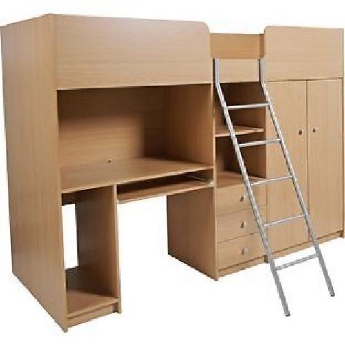 ARGOS OHIO HIGH SLEEPER SINGLE BED IN BEECH WITH MATRESS. WARDROBE. DESK. DRAWS & STORAGE