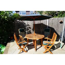 Swan Teak Garden Furniture Round Folding Table, Four Chairs, and Parasol