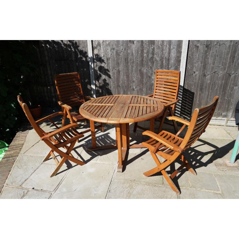 Swan Teak Garden Furniture Round Folding Table, Four Chairs, and Parasol