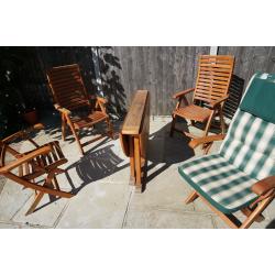 Swan Teak Garden Furniture Round Folding Table, Four Chairs, and Parasol