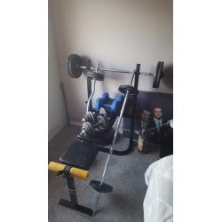 Weight bench over 180 kilos steel weights a mixture of bars and dumbells