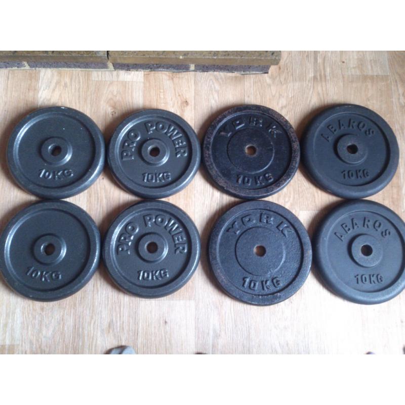 8x 10 kg standard iron weight plates
