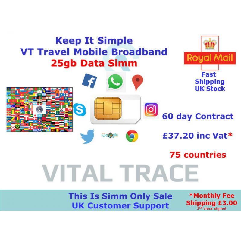 60 Day contract, 75 countries DATA Only Travel simm. A Massive 25gb per month ?37.20