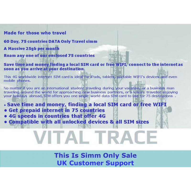 60 Day contract, 75 countries DATA Only Travel simm. A Massive 25gb per month ?37.20