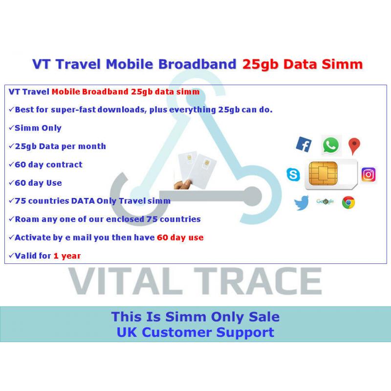 60 Day contract, 75 countries DATA Only Travel simm. A Massive 25gb per month ?37.20