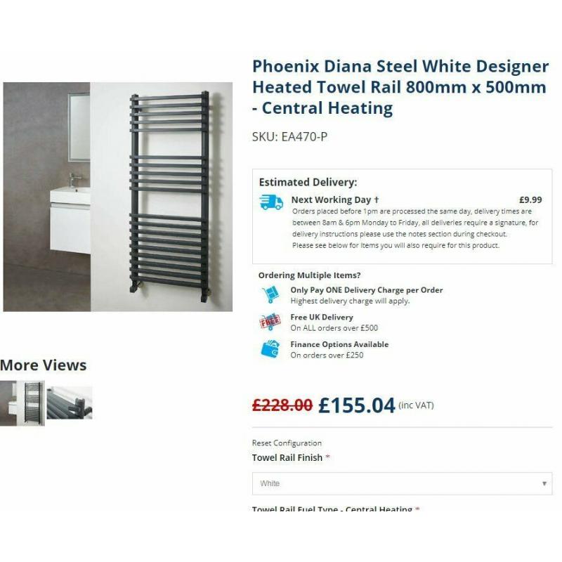 designer towel radiator, dianna 800x500, white, box section, square
