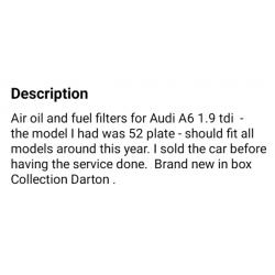 Air oil and fuel filters for Audi A6 1.9 tdi