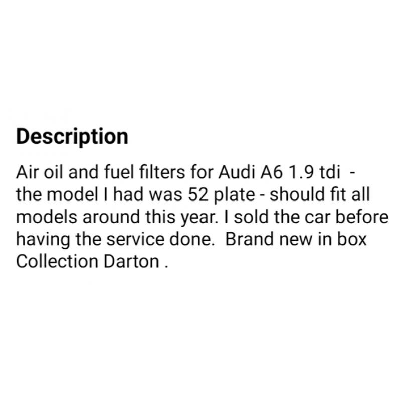 Air oil and fuel filters for Audi A6 1.9 tdi