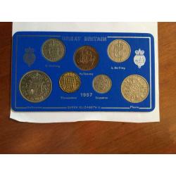 1957 Great Britain circulated coin set. 7 coins over 60 years old. All dates visible. See photos