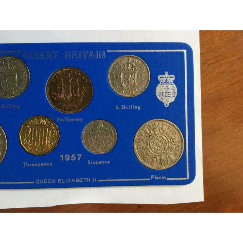 1957 Great Britain circulated coin set. 7 coins over 60 years old. All dates visible. See photos
