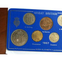 1957 Great Britain circulated coin set. 7 coins over 60 years old. All dates visible. See photos