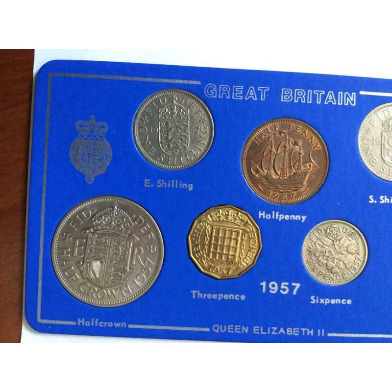 1957 Great Britain circulated coin set. 7 coins over 60 years old. All dates visible. See photos