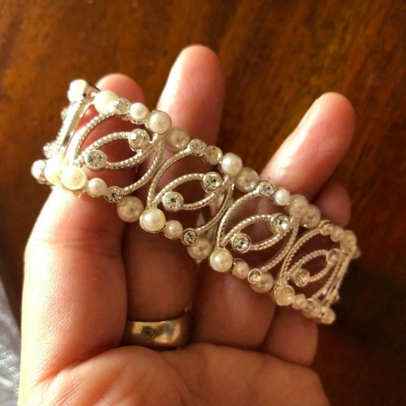 Gorgeous Gatsby Rhinestone Faux Pearls Bling Wedding Party Dinner Bracelet