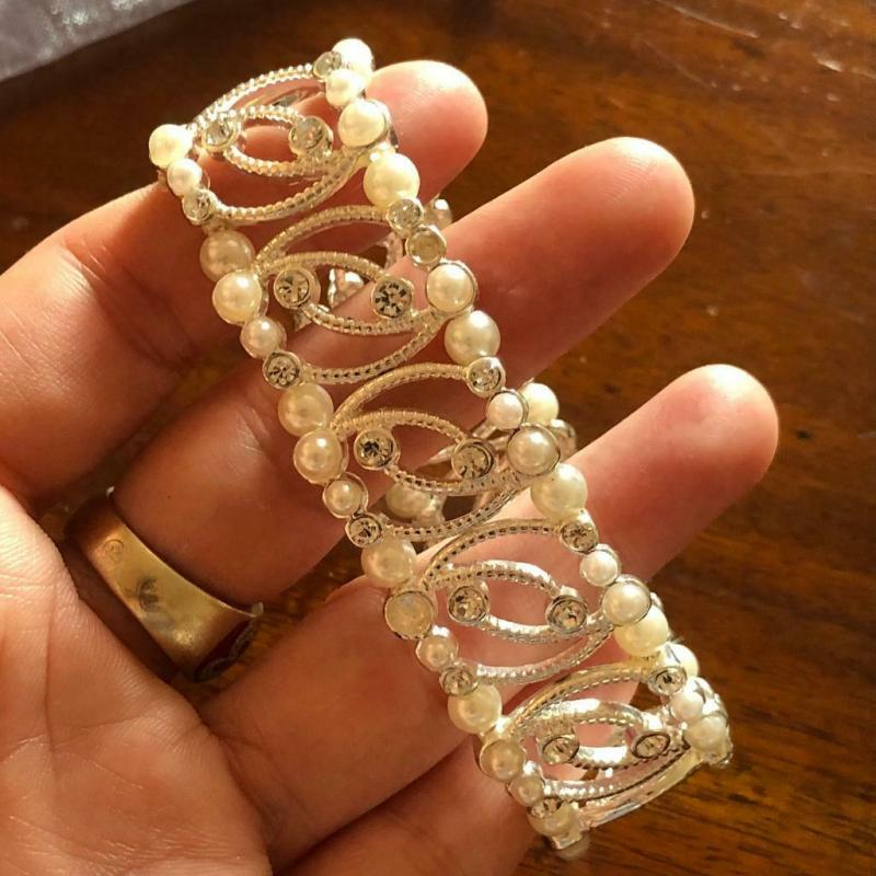 Gorgeous Gatsby Rhinestone Faux Pearls Bling Wedding Party Dinner Bracelet