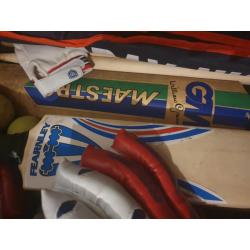 Cricket bats gloves stumps and balls