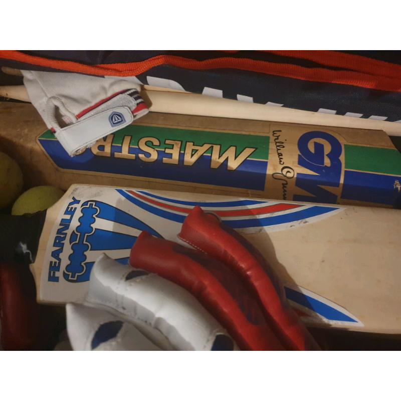 Cricket bats gloves stumps and balls