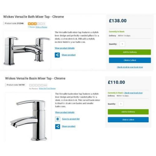 Wickes Versaille bath and basin taps with pop waste