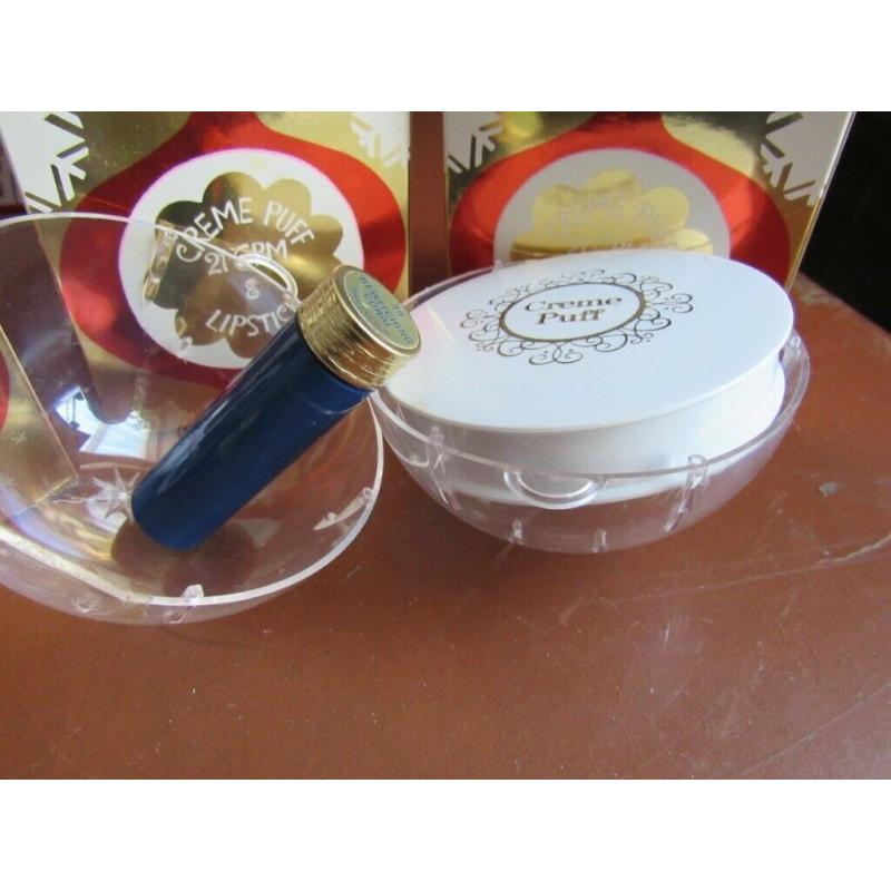 3x Vintage Max Factor Christmas bauble make up - Creme puff and lipstick