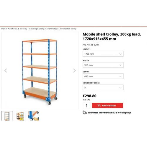 Mobile shelf trolley, 300kg load, 1720x915x455 mm