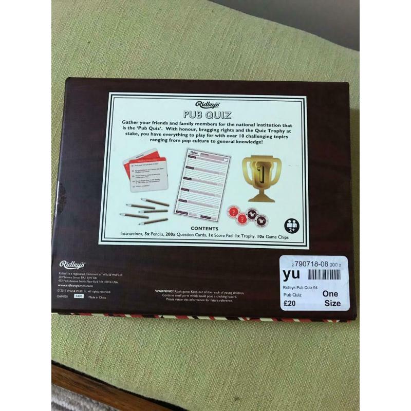 RIDLEY?S GAMES ROOM pub quiz Solid cardboard box. New, sealed. Christmas Xmas gifts.