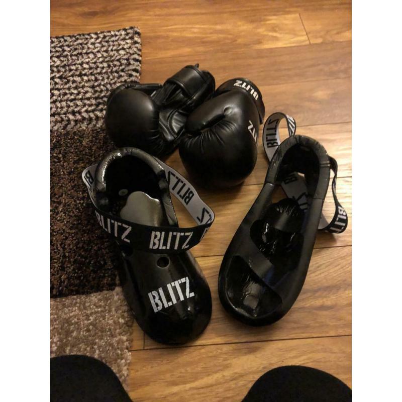 Boxing Gloves & Foot Protectors (two pairs or ?10 separately)