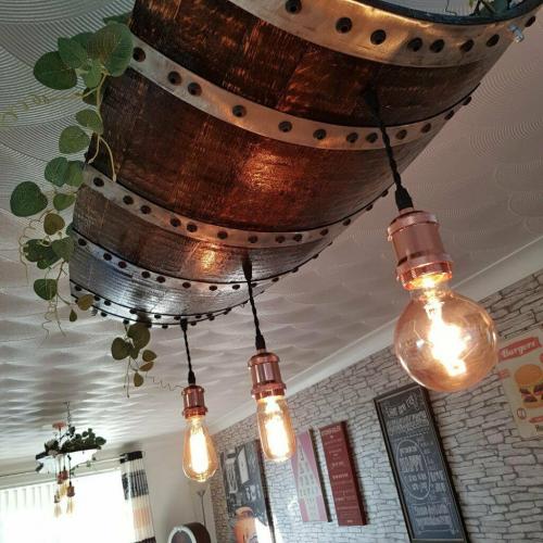 Oak chandelier, made from 75 year old Tennessee whiskey barrel.