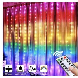 Warm white n multicoloured curtain lights